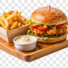 Cheese Chicken Burger W Fries, Mushroom Stew, Green Salad. Free Bandung Drink