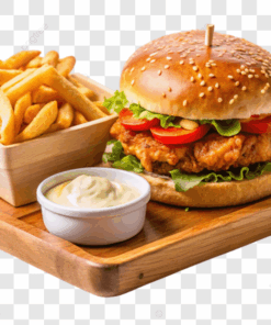 Cheese Chicken Burger W Fries, Mushroom Stew, Green Salad. Free Bandung Drink