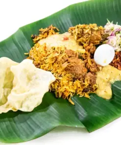 Mutton Briyani Rice Served With Indian Vegetables & Papadum